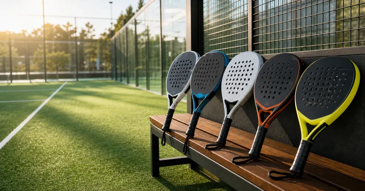Five beginner-friendly padel rackets beside a padel court