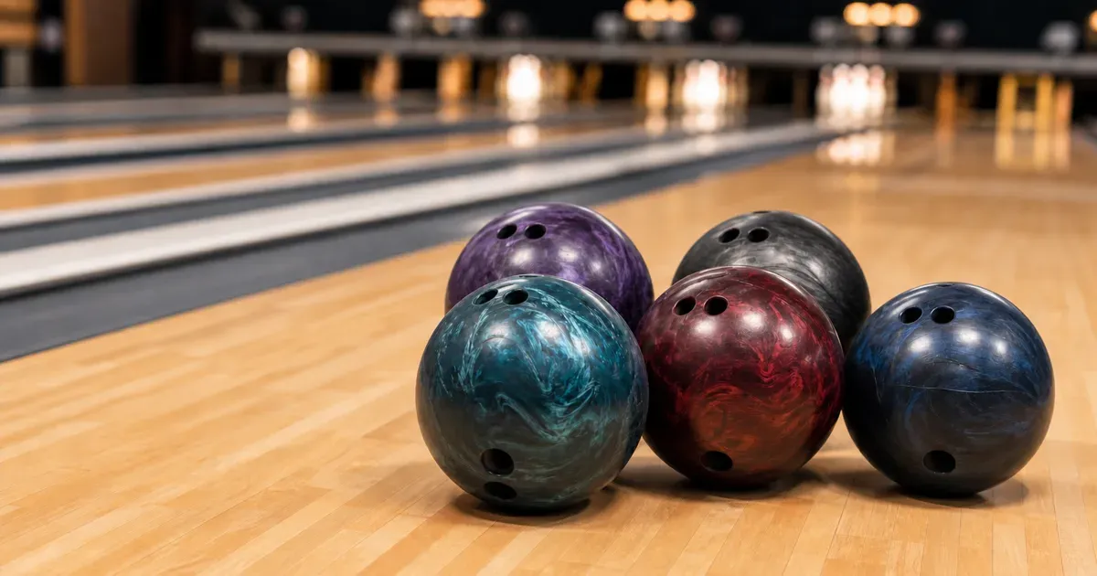 Cinco bolas de bolos colocadas sobre una pista pulida