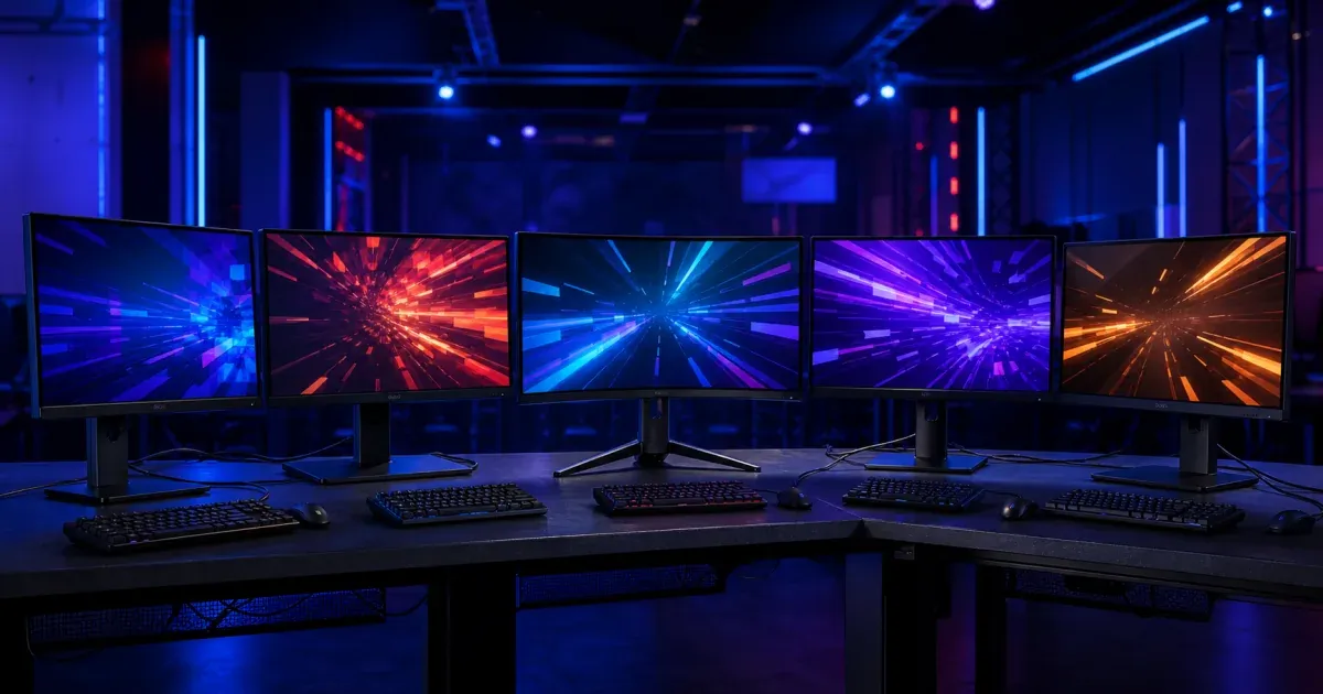 Five budget gaming monitors set up side by side for competitive esports play