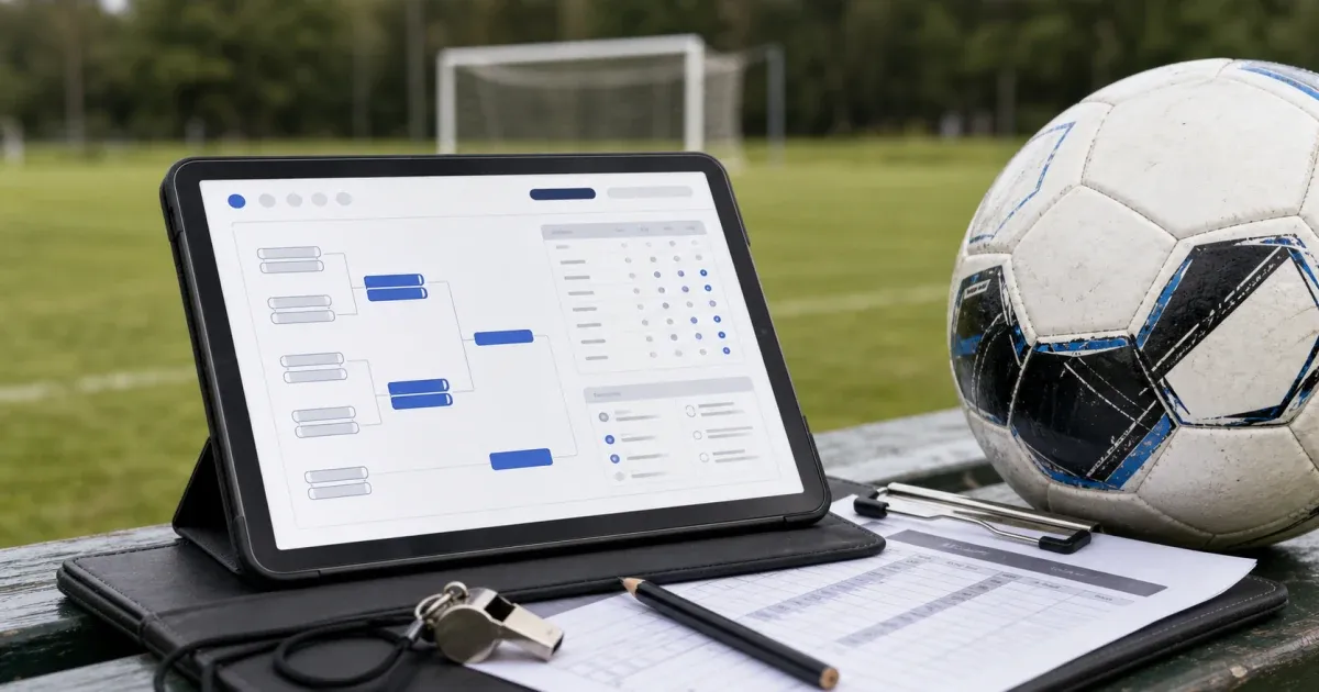 Football tournament software displayed on a tablet beside a ball, whistle and printed fixture sheet