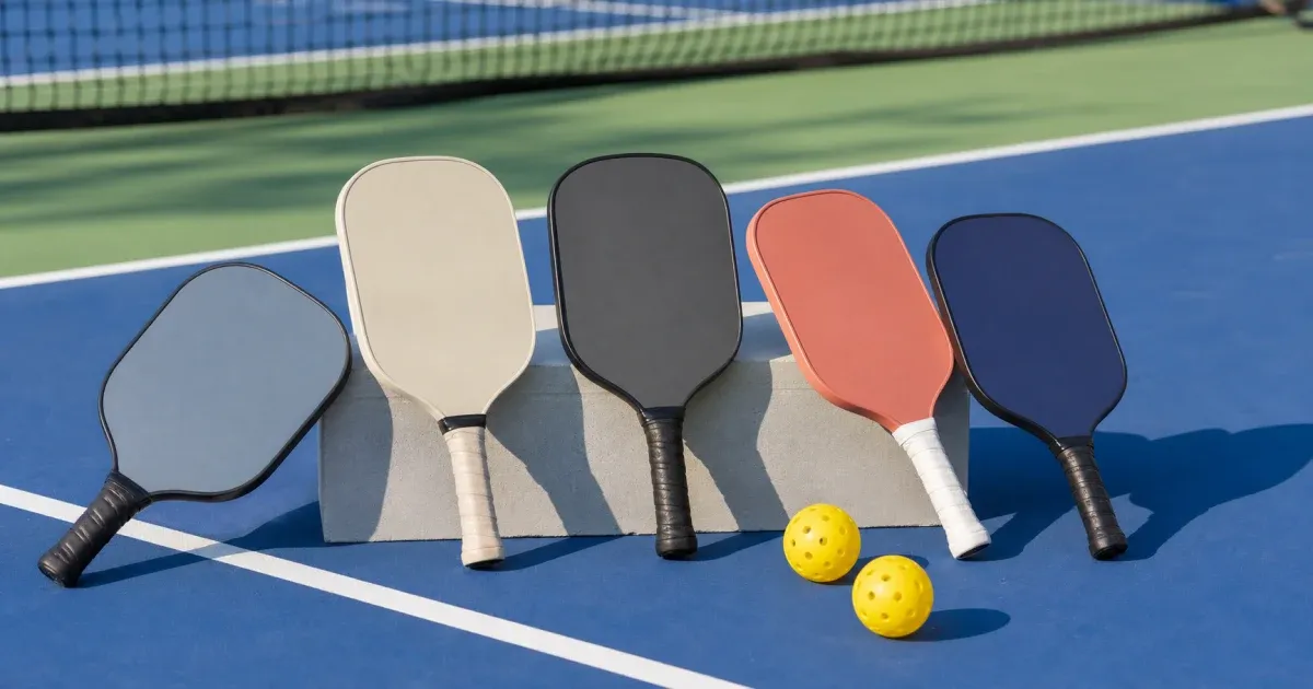 Five pickleball paddles arranged beside balls on a blue and green court