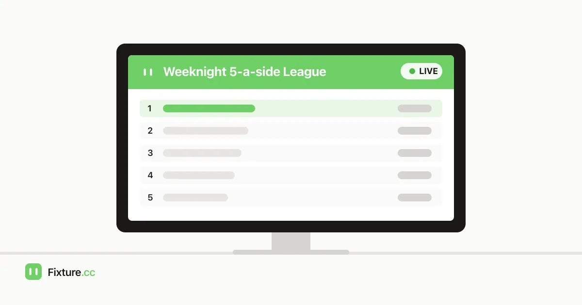 Wall-mounted TV screen in a sports hall showing a live tournament scoreboard and standings table
