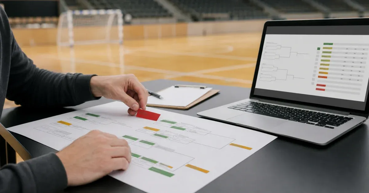 Tournament organiser reviewing a schedule after a team withdrawal