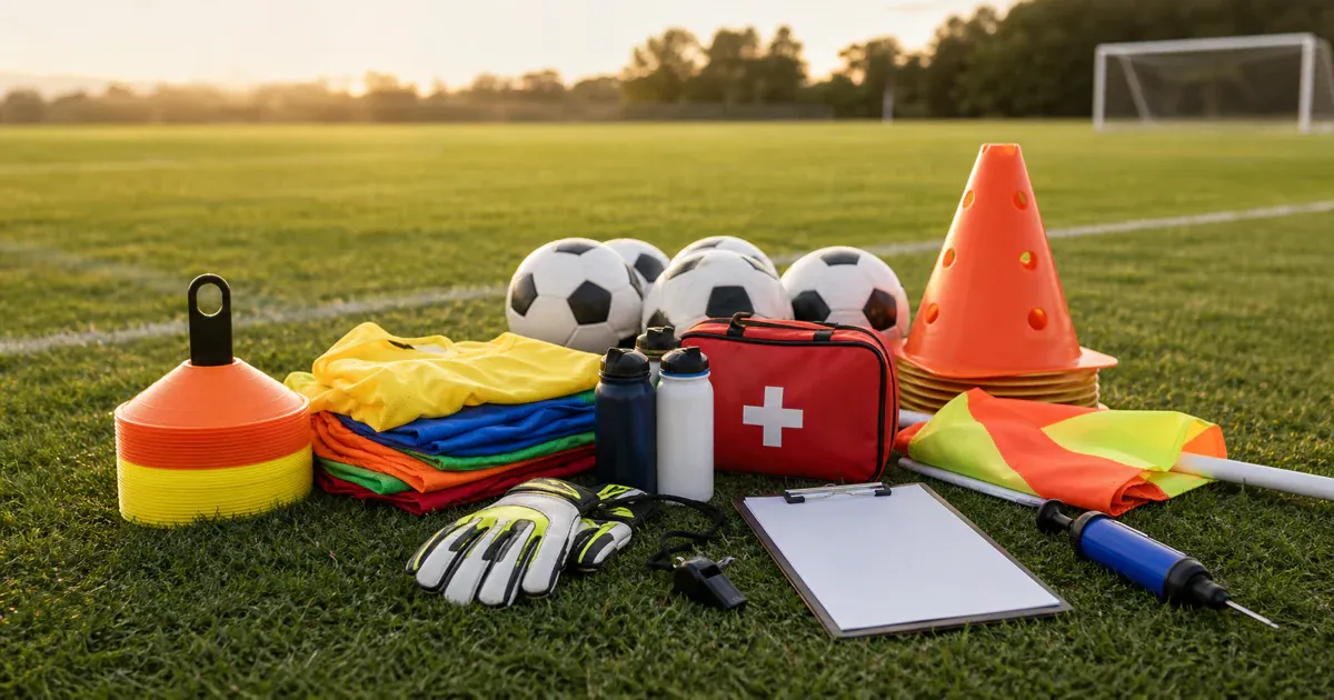 Referee whistles, corner flags, cones, bibs, a first-aid kit and a scoreboard laid out beside a youth football pitch