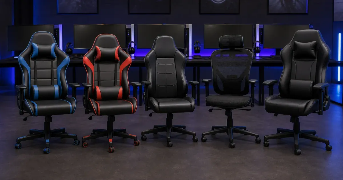 Five budget gaming chairs lined up at an esports LAN tournament setup