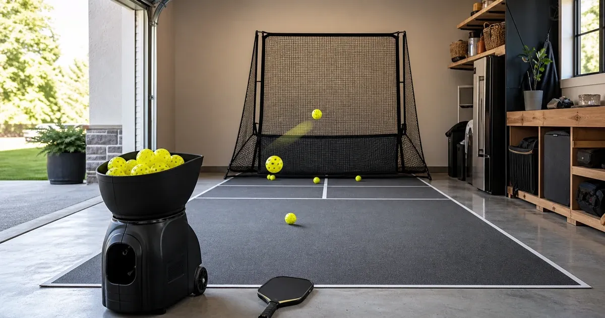 Compact pickleball ball machine feeding balls towards a rebound net in a tidy garage practice area