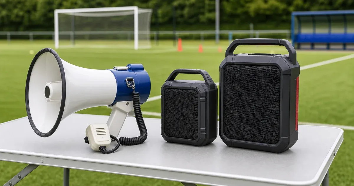 Um megafone e uma caixa de som Bluetooth portátil montados à beira da quadra para anúncios de dia de jogo