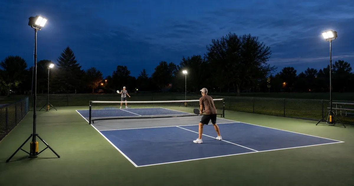 Portable LED light towers illuminating a pickleball court during an evening doubles game
