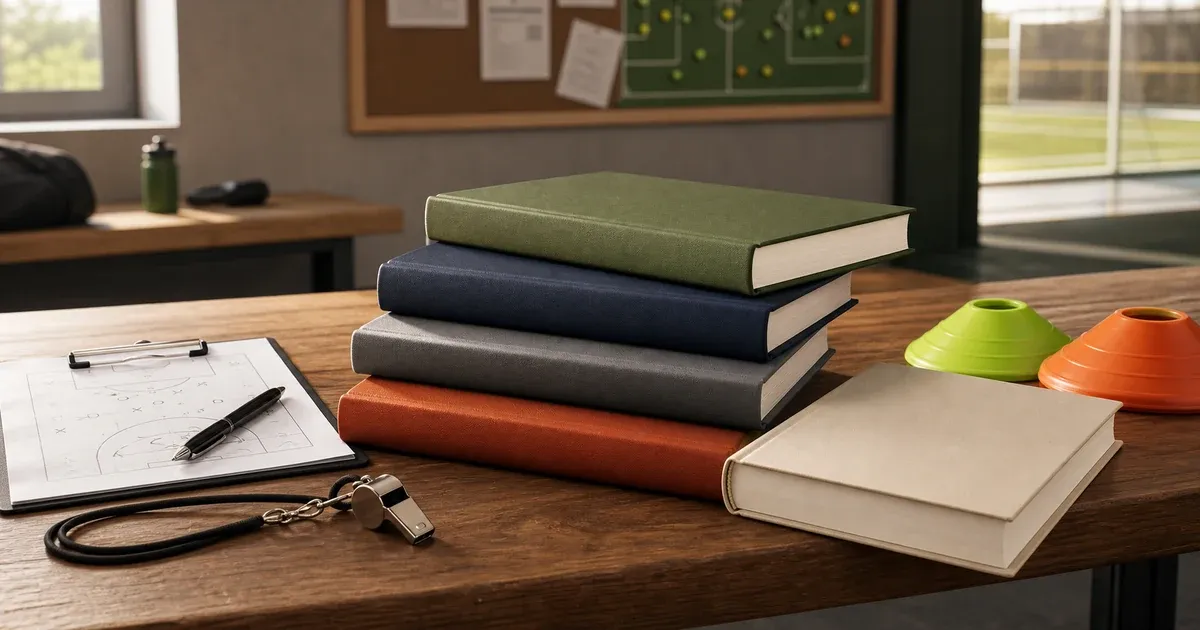 Five sports coaching books stacked on a bench beside a whistle and clipboard