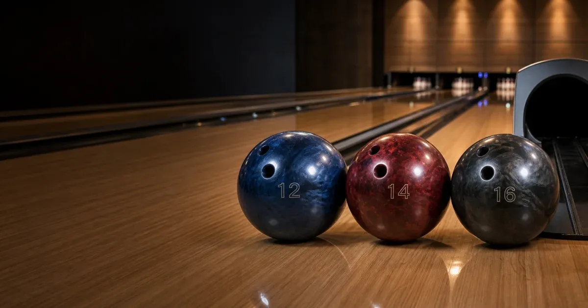 Bowling balls of different weights arranged beside the lane for comparison