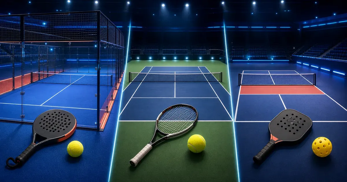 Trois terrains de sports de raquette côte à côte, un court de padel avec parois vitrées, un court de tennis et un petit terrain de pickleball