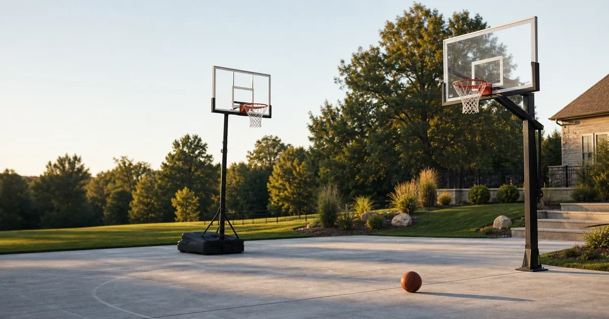 Uma cesta de basquete portátil premium e uma cesta fixa com tabela de vidro temperado, instaladas em quadras residenciais externas
