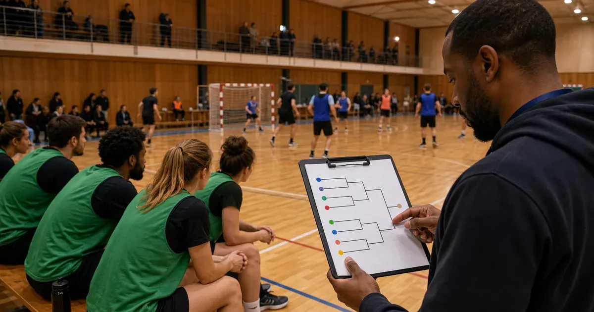 A resting team beside an organiser reviewing a knockout bracket with an empty matchup