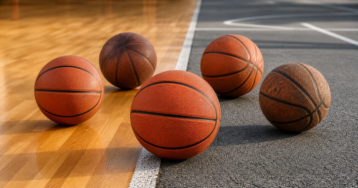 Cinco balones de baloncesto colocados entre un parquet interior y una pista exterior