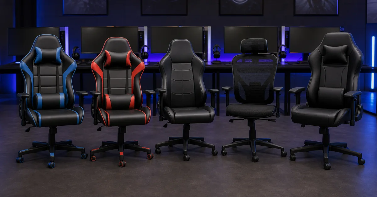 Five budget gaming chairs lined up at an esports LAN tournament setup