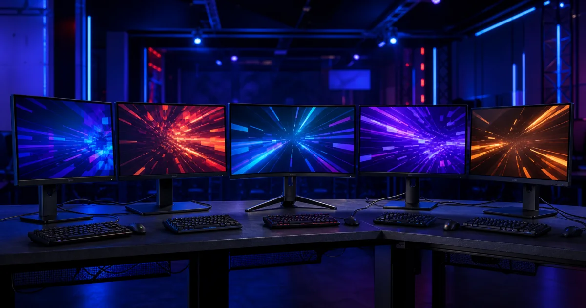 Five budget gaming monitors set up side by side for competitive esports play
