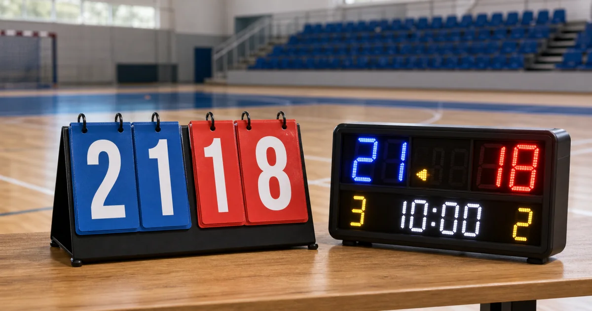 A portable flip scoreboard and a small LED scoreboard set up courtside at an amateur tournament