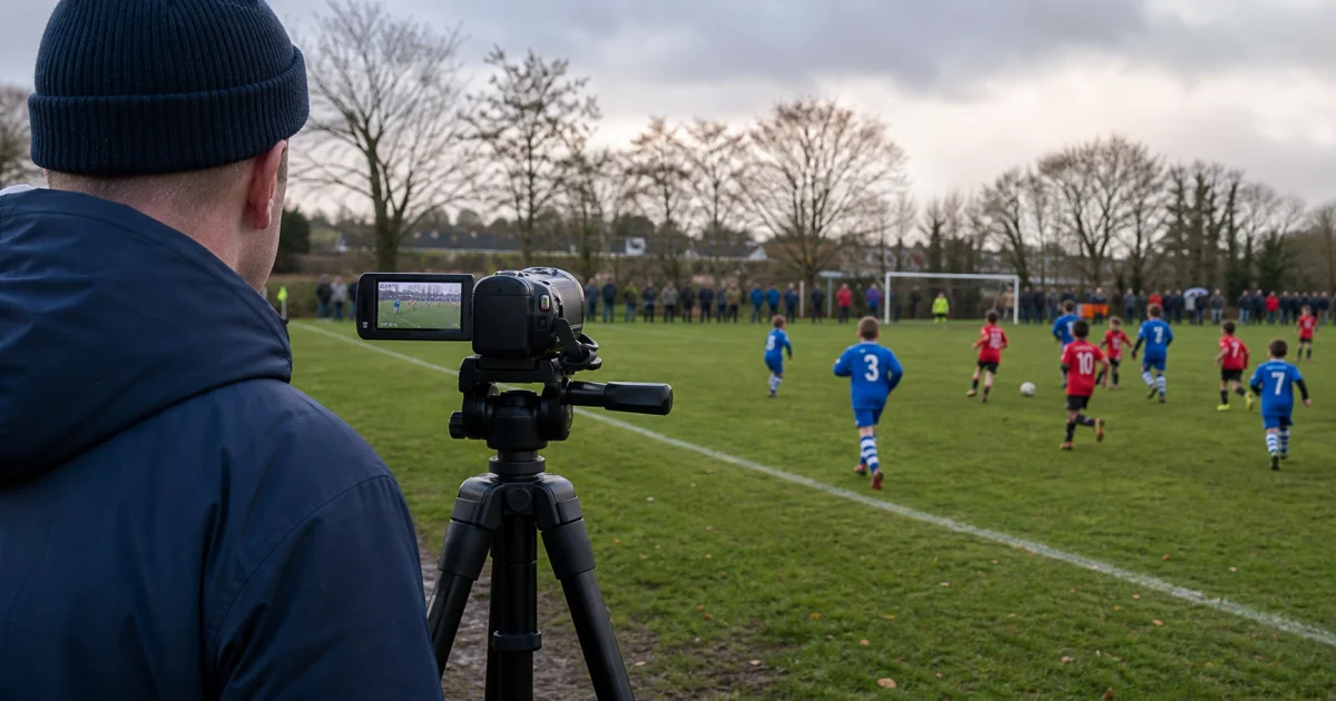 A camera on a tripod filming a youth football match from the sideline