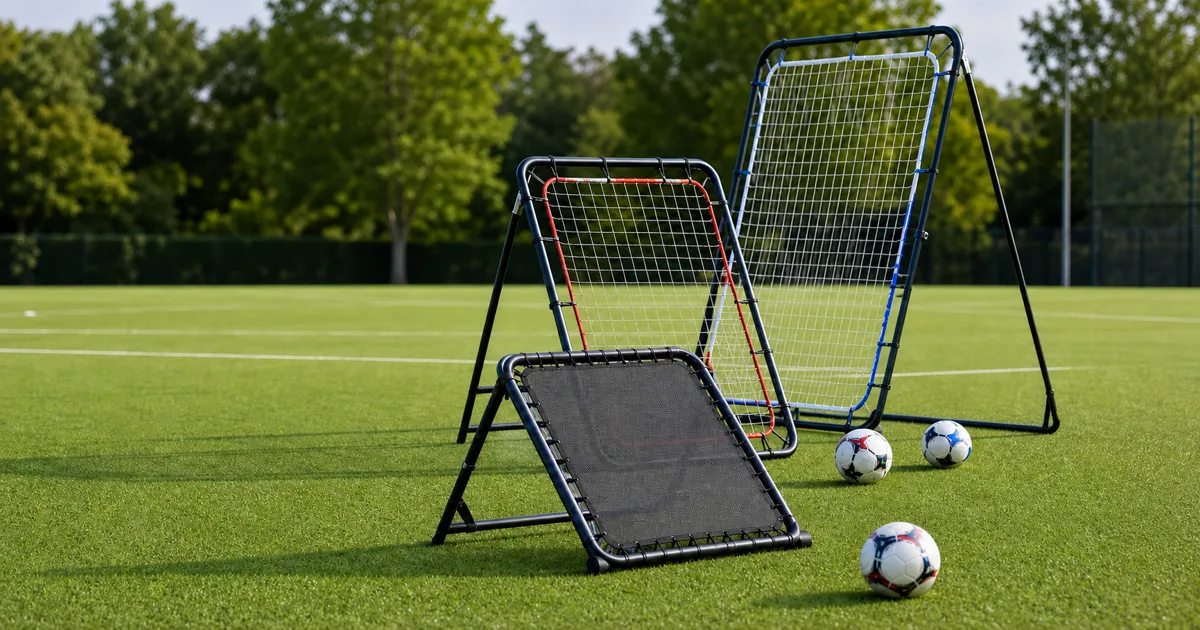 Five football rebounders arranged for solo passing and first-touch drills on a training pitch