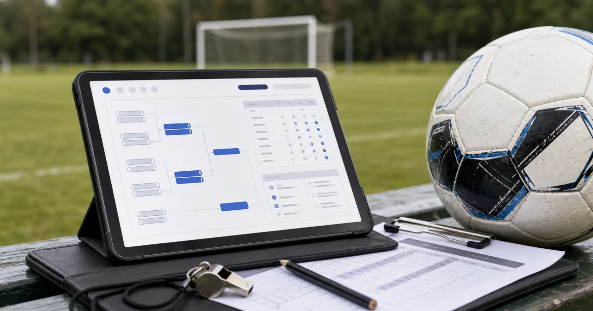 Football tournament software displayed on a tablet beside a ball, whistle and printed fixture sheet