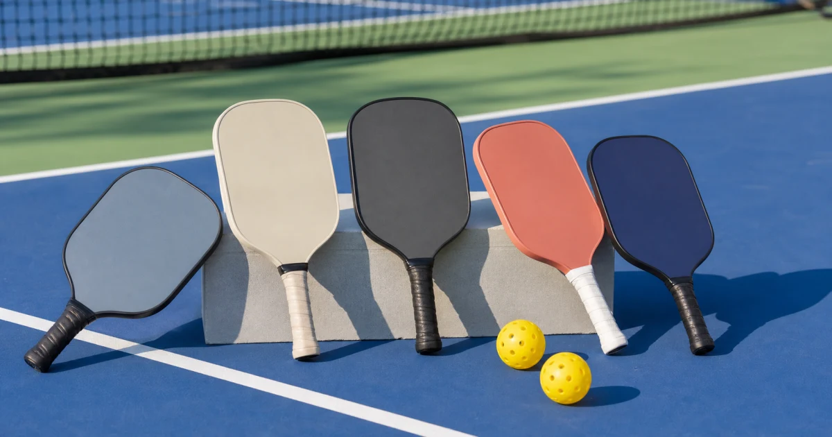 Five pickleball paddles arranged beside balls on a blue and green court