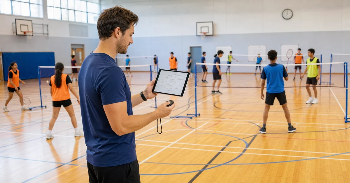 PE teacher checking a class tournament bracket on a tablet during a lesson
