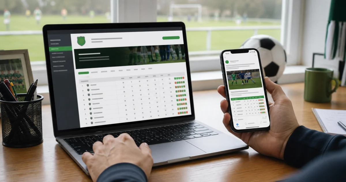 A live league table embedded on a club website next to a Facebook group post