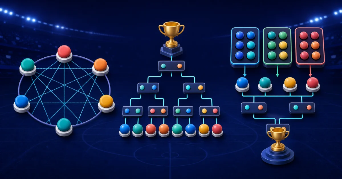Round-robin fixtures, a knockout bracket and groups feeding into a final bracket