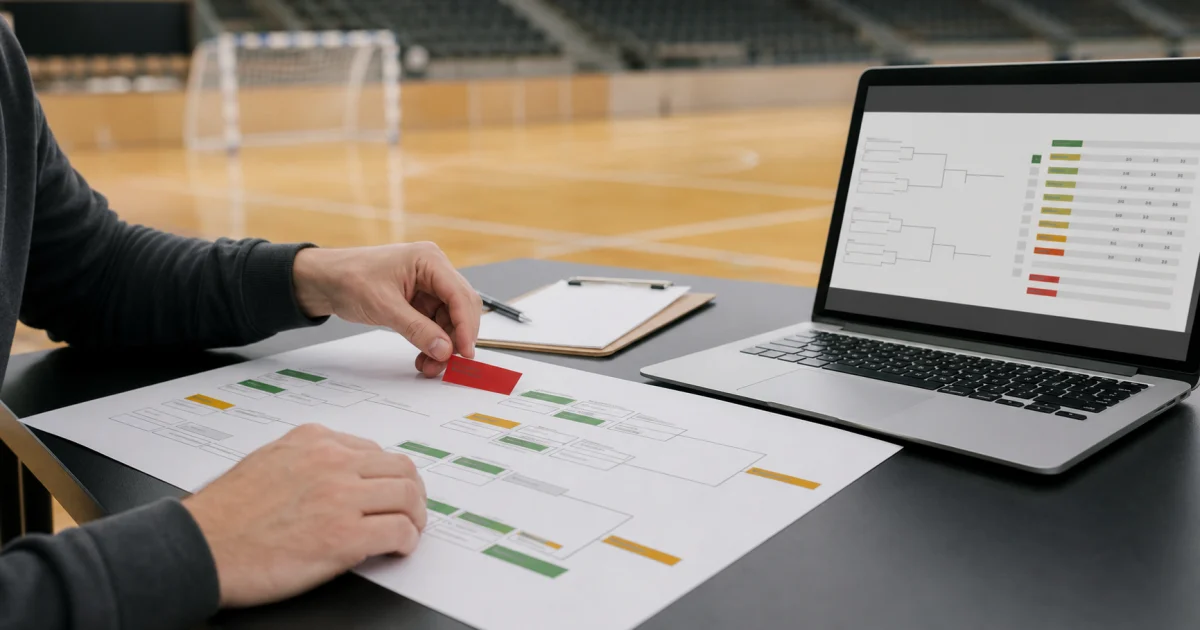 Tournament organiser reviewing a schedule after a team withdrawal