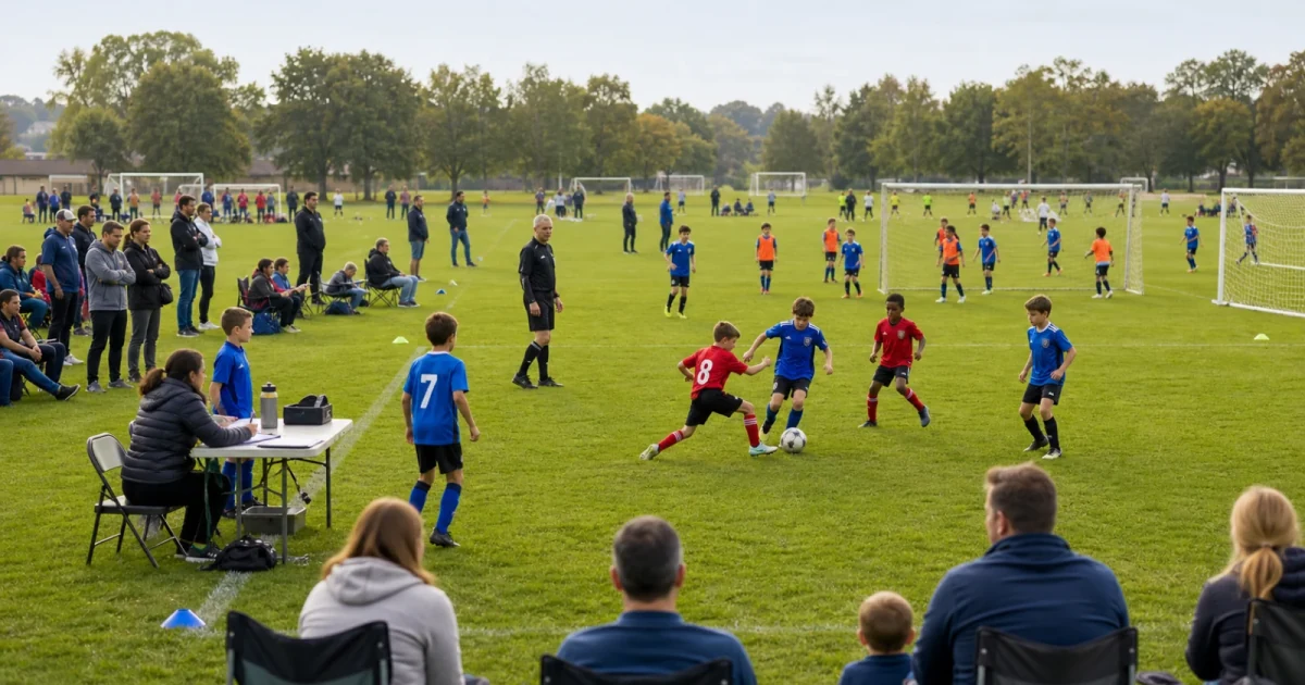 Youth teams playing small-sided matches across several pitches at a community football tournament
